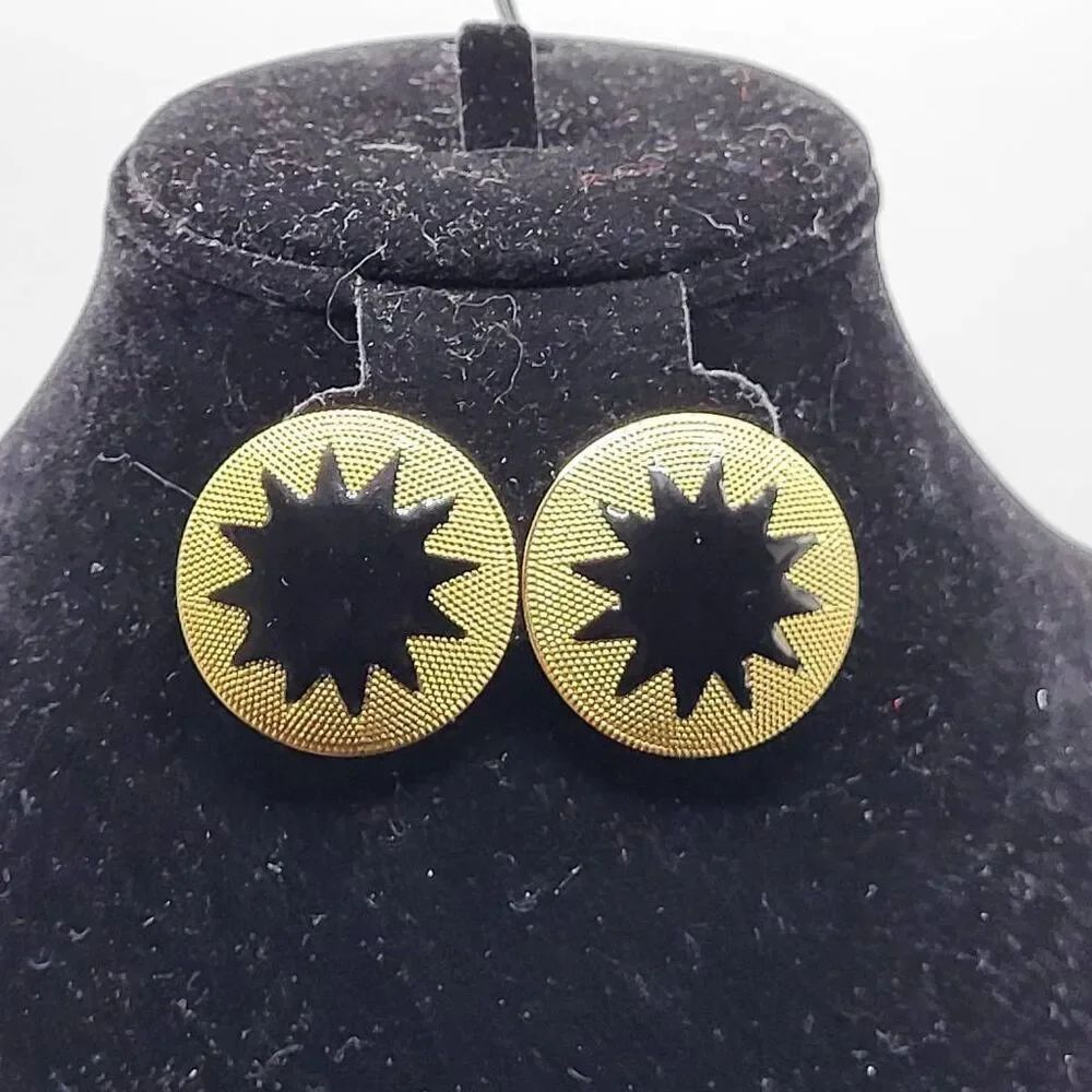 Vintage 80s Black and Gold Starbust Enamel Deco Revival Earrings